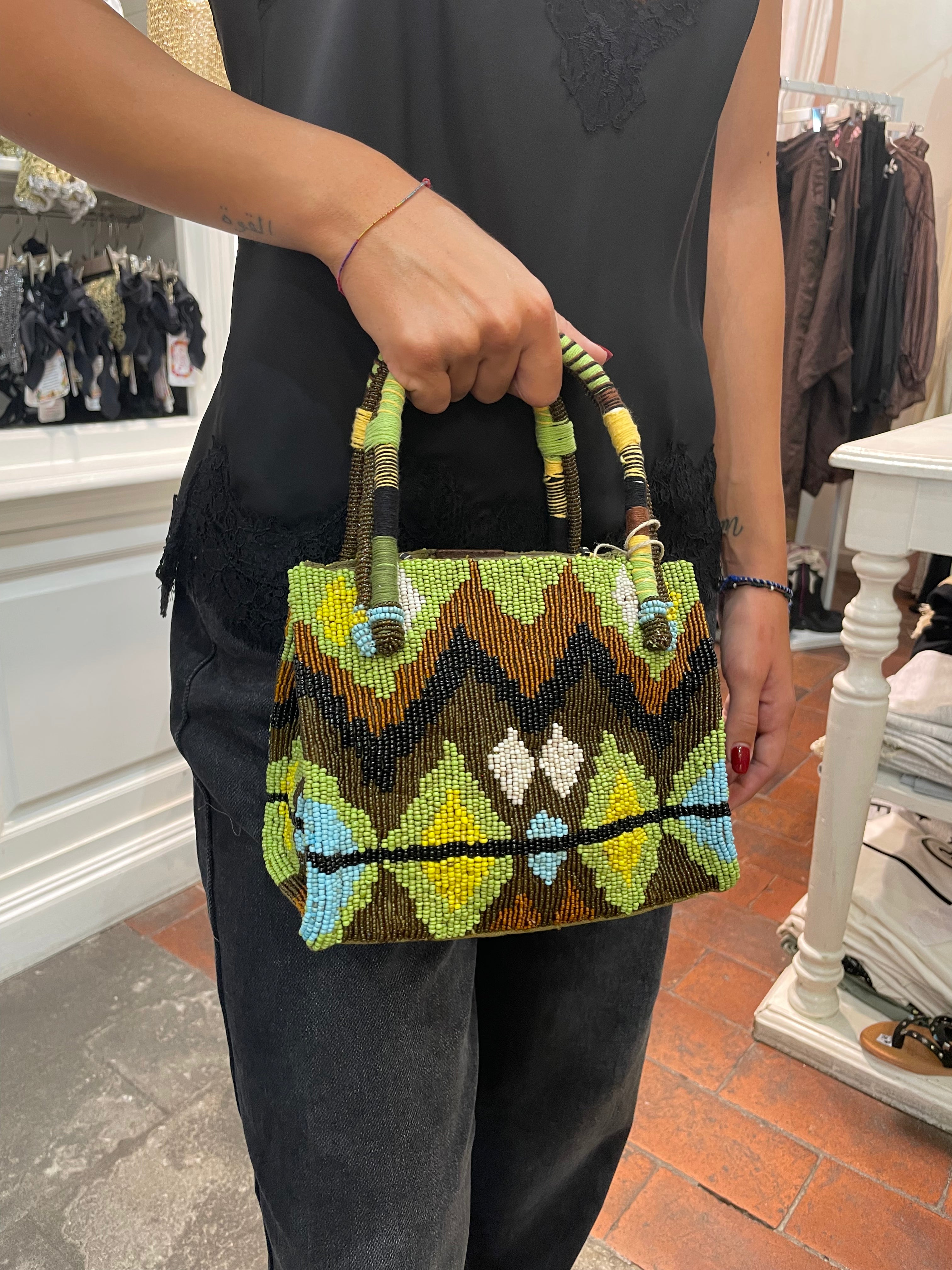 Borsa Perline disegni verde e marrone