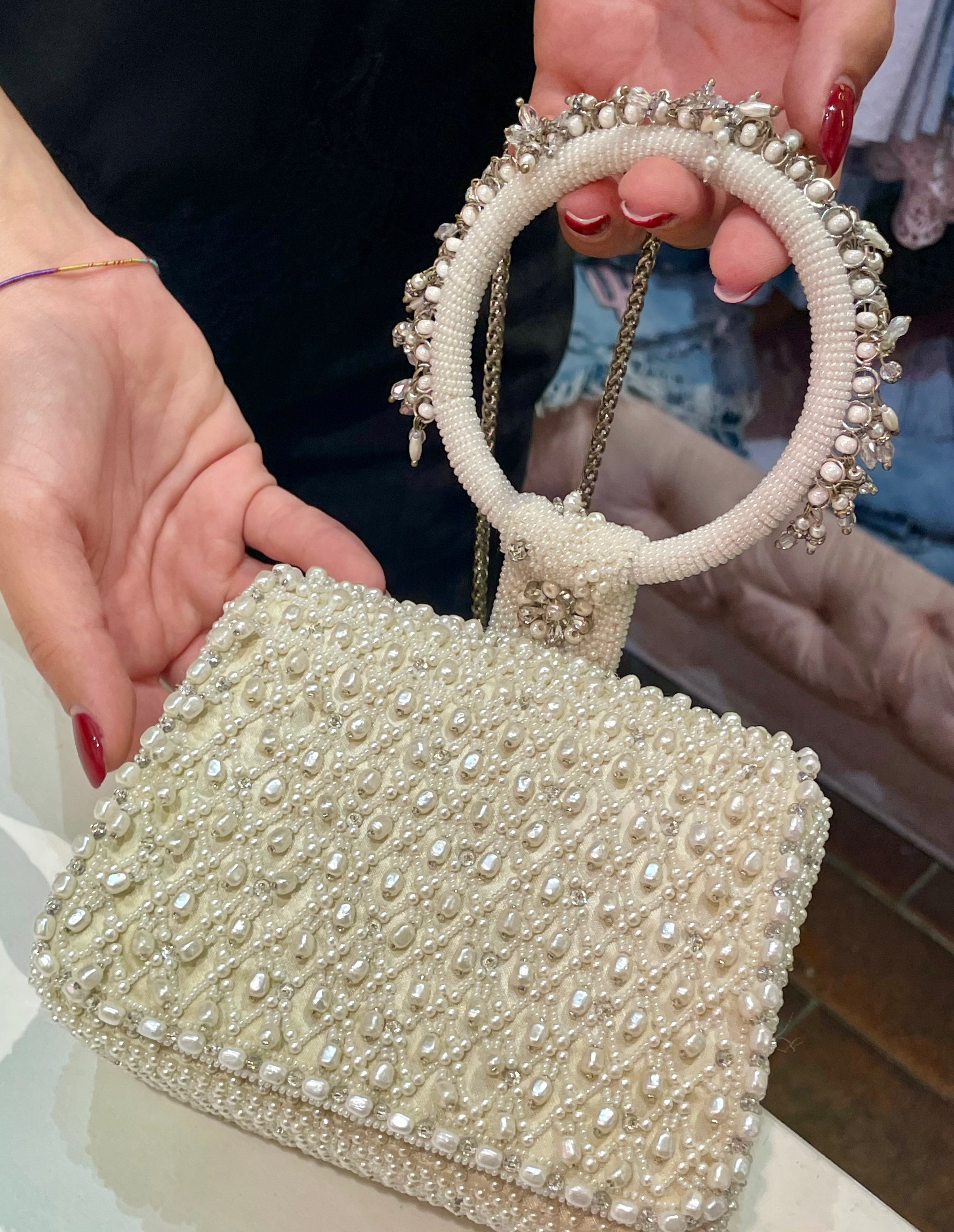 Borsa Perline Avorio con manico ad anello