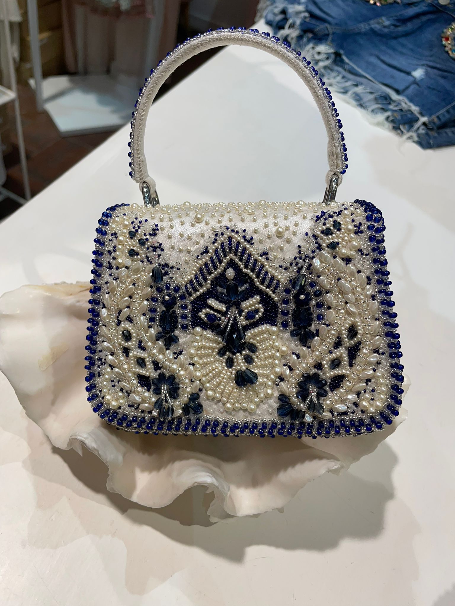 Borsa Perline avorio e blu
