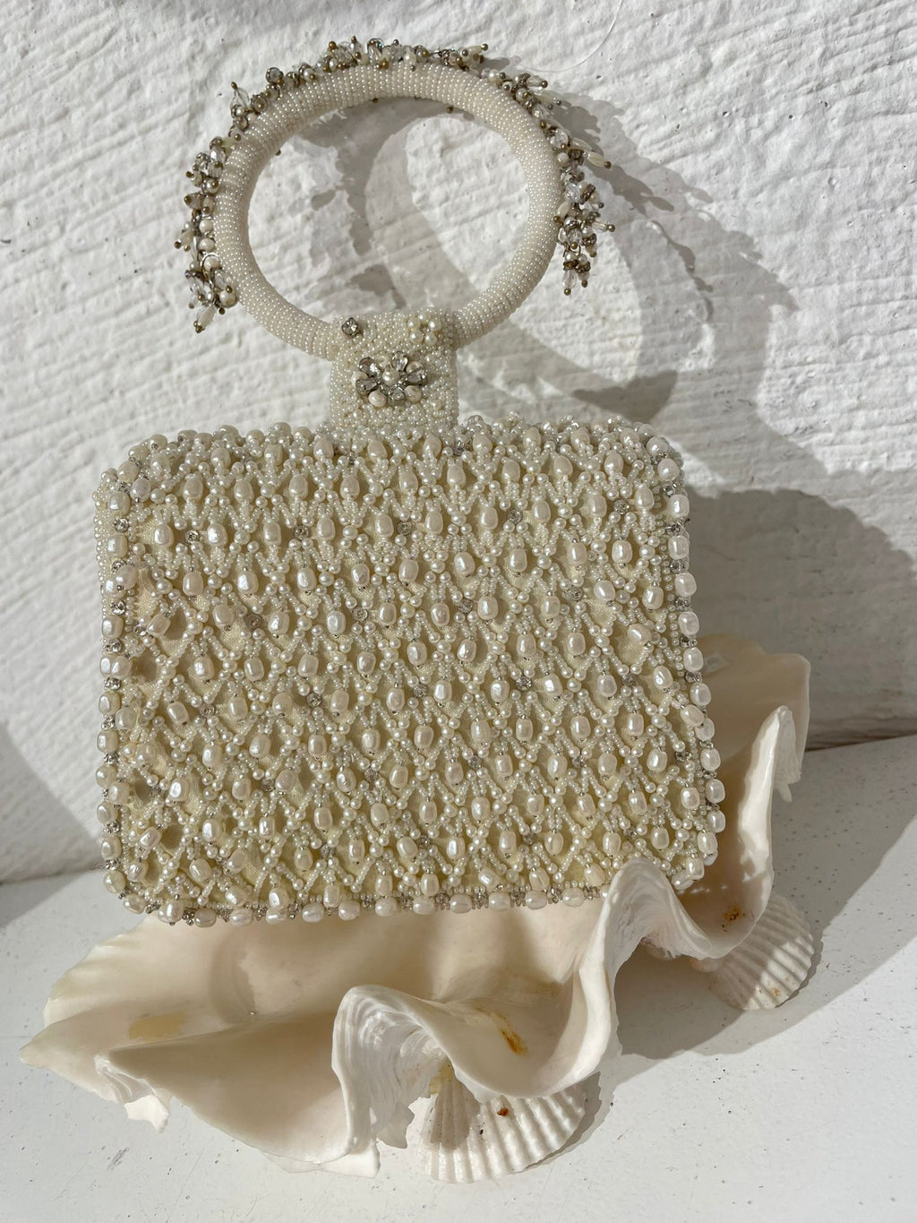 Borsa Perline Avorio con manico ad anello